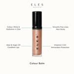 ELES Colour Balm benefit callout showing colour shine and hydration in one, aloe and argan oil condition lips, smooths fine lines non-sticky, and vitamins C and E antioxidant protection for professional salon and clinic use