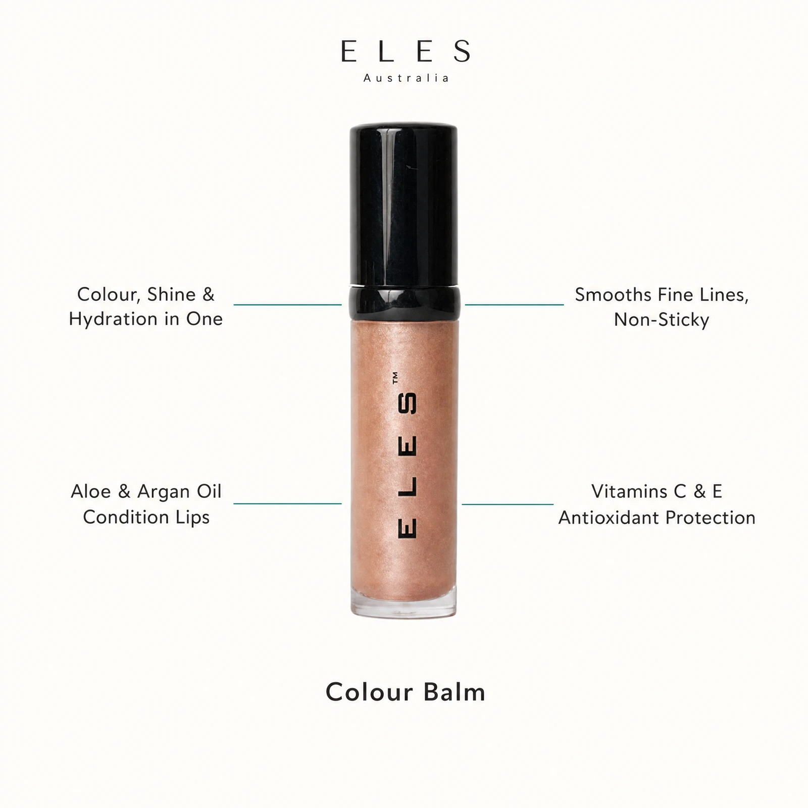ELES Colour Balm benefit callout showing colour shine and hydration in one, aloe and argan oil condition lips, smooths fine lines non-sticky, and vitamins C and E antioxidant protection for professional salon and clinic use