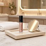 ELES Colour Balm in rose-gold shimmer standing upright on a stone tray beside a round mirror on a marble clinic bench inside a premium skin clinic treatment room, ideal for professional lip finishing after facial treatments