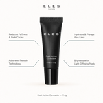 ELES Dual Action Concealer 11.4g benefit callout showing reduces puffiness and dark circles, advanced peptide technology, hydrates and plumps fine lines, and brightens with light-diffusing pearls.