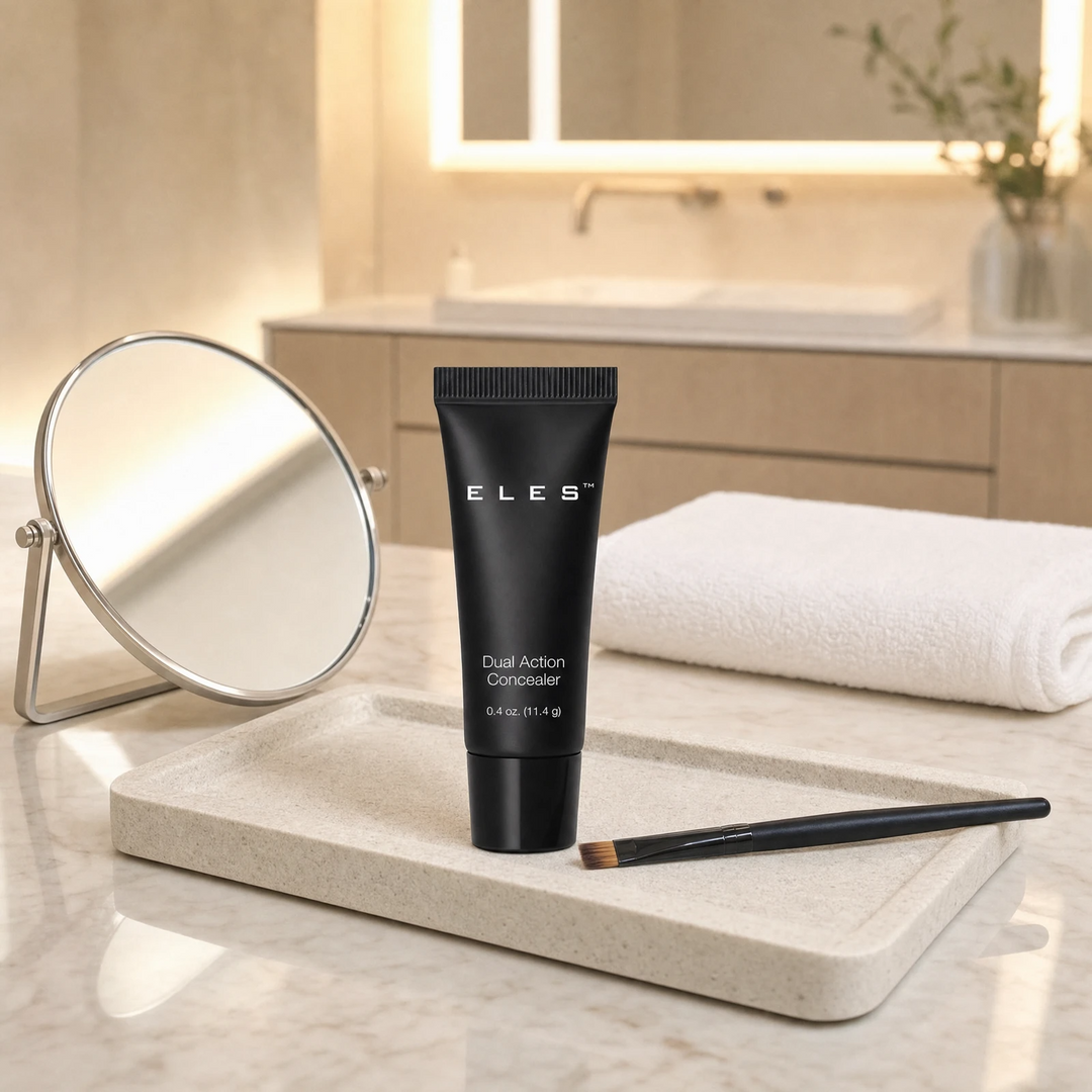 ELES Dual Action Concealer standing upright on a stone tray with a concealer brush and round mirror on a marble clinic bench inside a premium skin clinic treatment room, ideal for professional post-facial eye correction and finishing