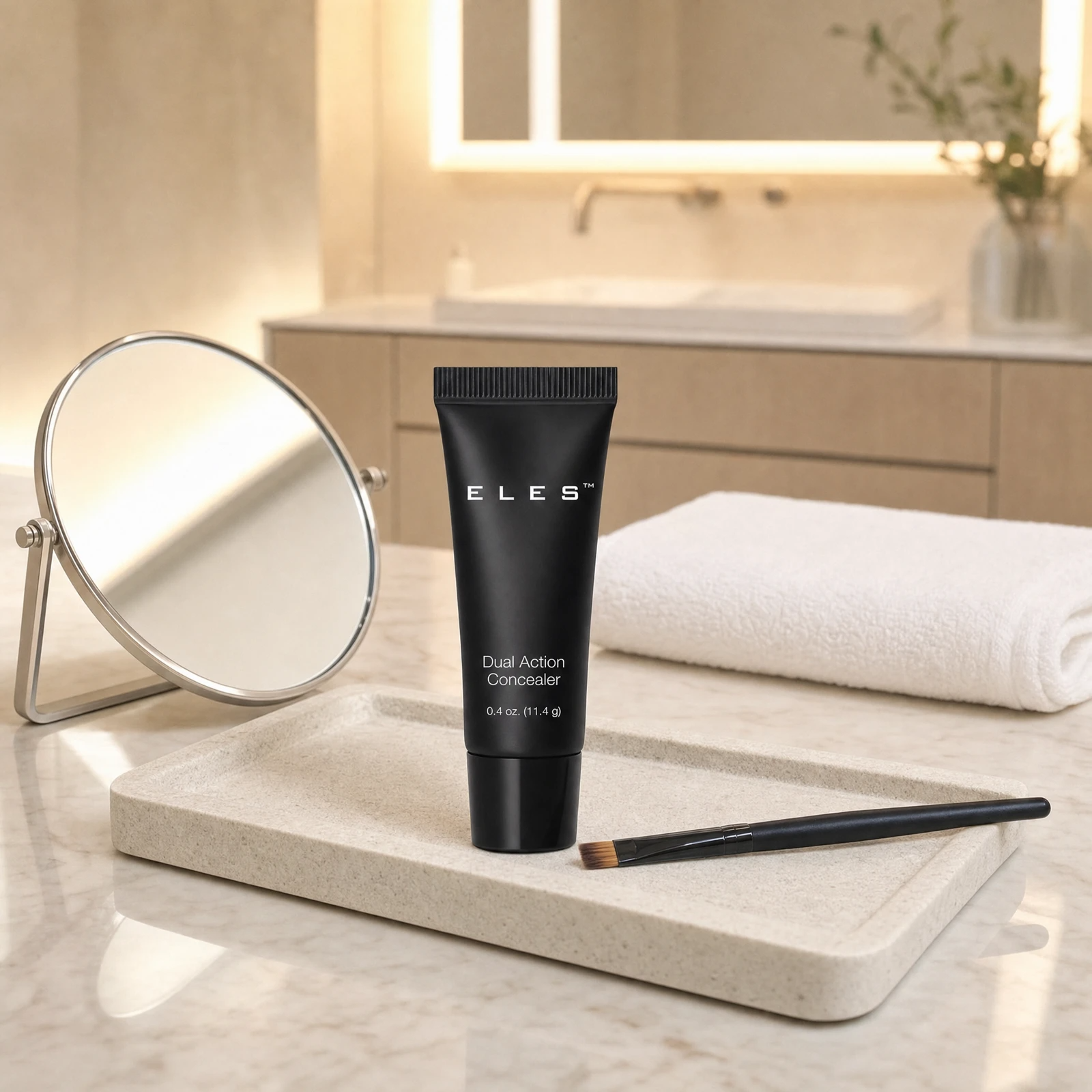 ELES Dual Action Concealer standing upright on a stone tray with a concealer brush and round mirror on a marble clinic bench inside a premium skin clinic treatment room, ideal for professional post-facial eye correction and finishing