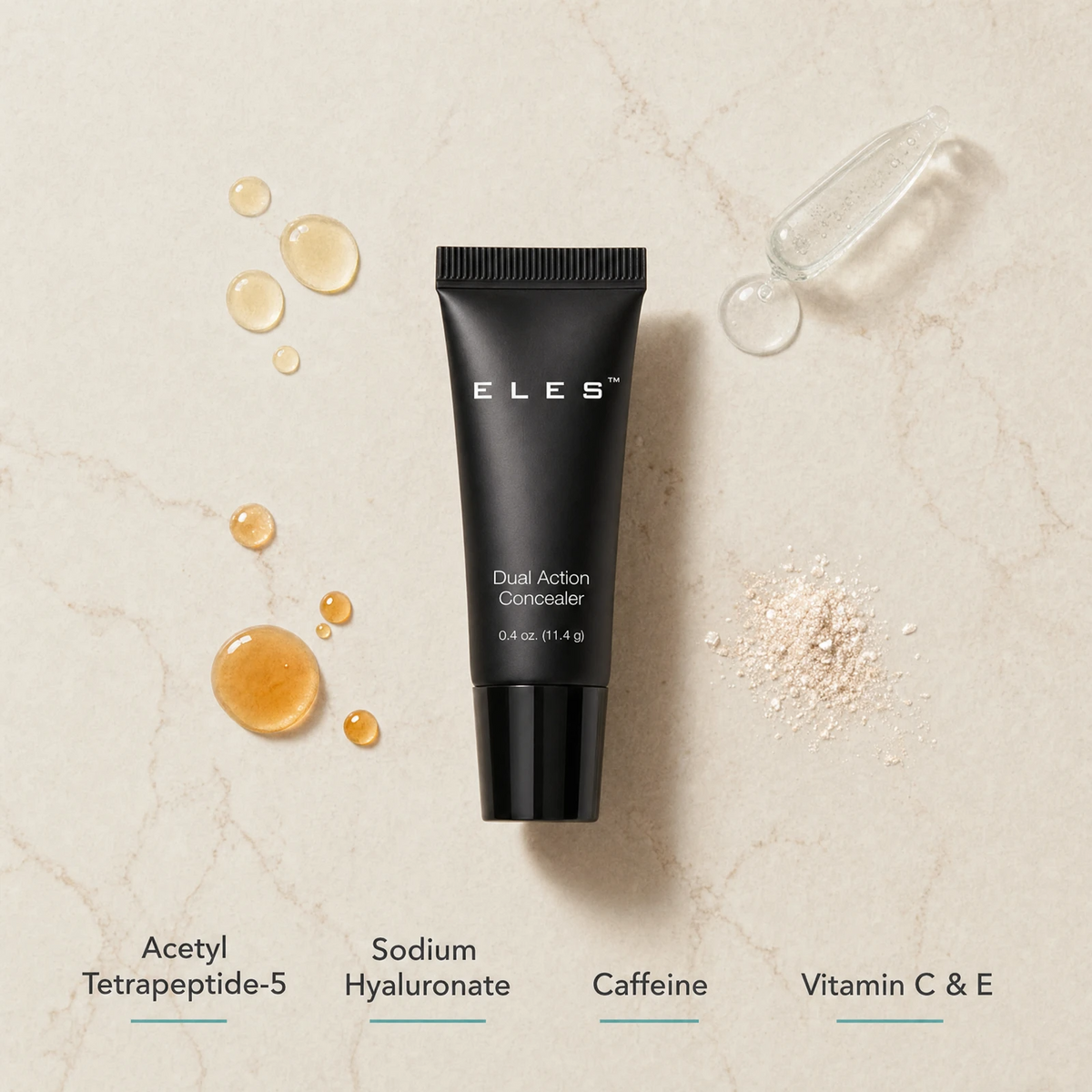 ELES Dual Action Concealer ingredient flatlay featuring acetyl tetrapeptide-5, sodium hyaluronate, caffeine and vitamin C and E on a warm limestone surface