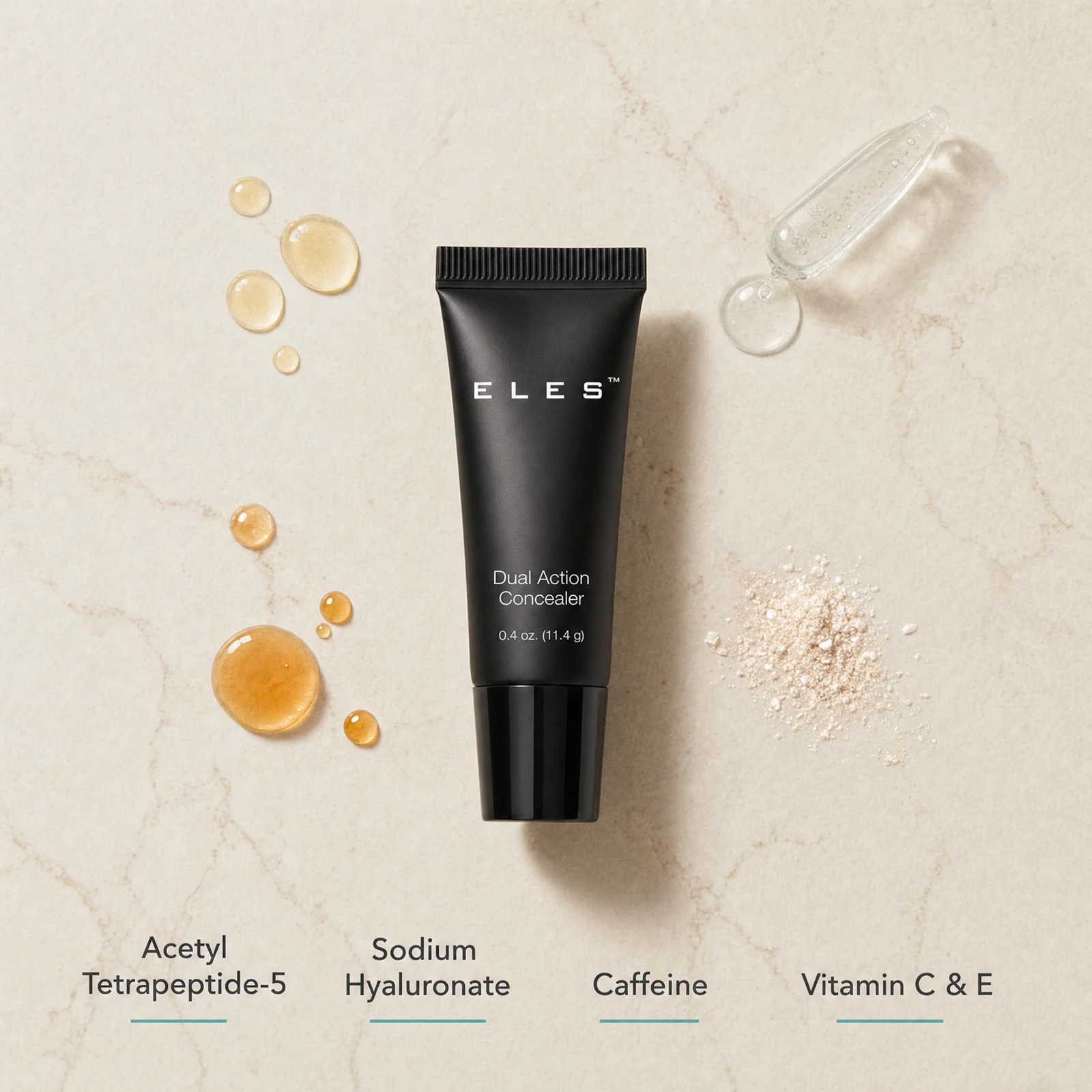 ELES Dual Action Concealer ingredient flatlay featuring acetyl tetrapeptide-5, sodium hyaluronate, caffeine and vitamin C and E on a warm limestone surface