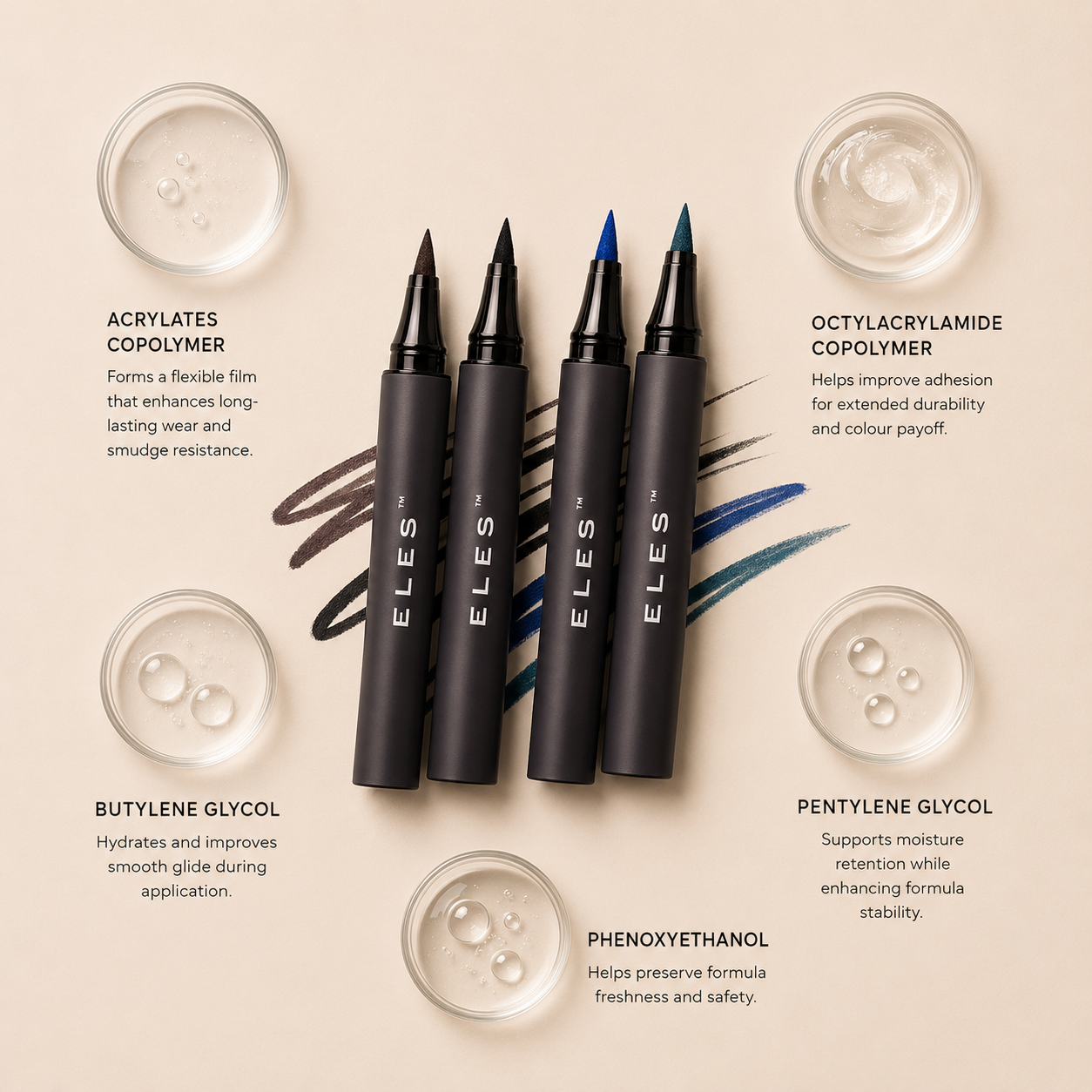 ELES Felt Tip Liner with acrylates copolymer, octylacrylamide copolymer, butylene glycol, pentylene glycol and phenoxyethanol, luxury clean eyeliner flat lay with graphic ink stroke textures on minimal warm neutral background