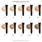Mineral liquid powder and flawless finish color chart with ELES branding.