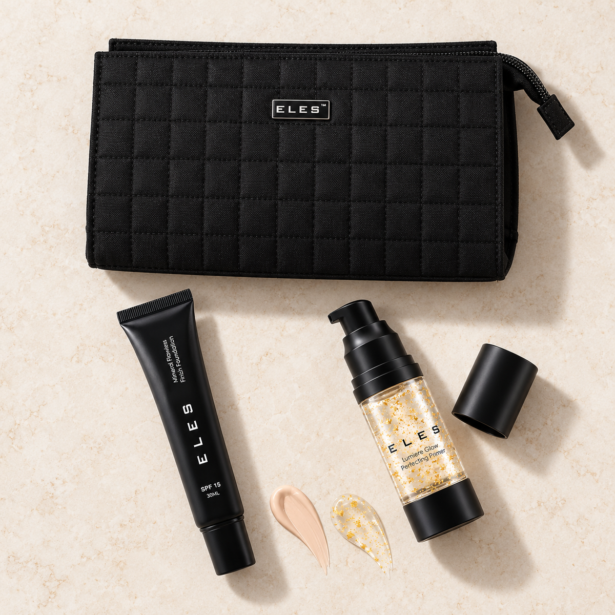ELES Mineral Flawless Finish Foundation & Lumiere Glow Primer Christmas Gift Set — Product textures