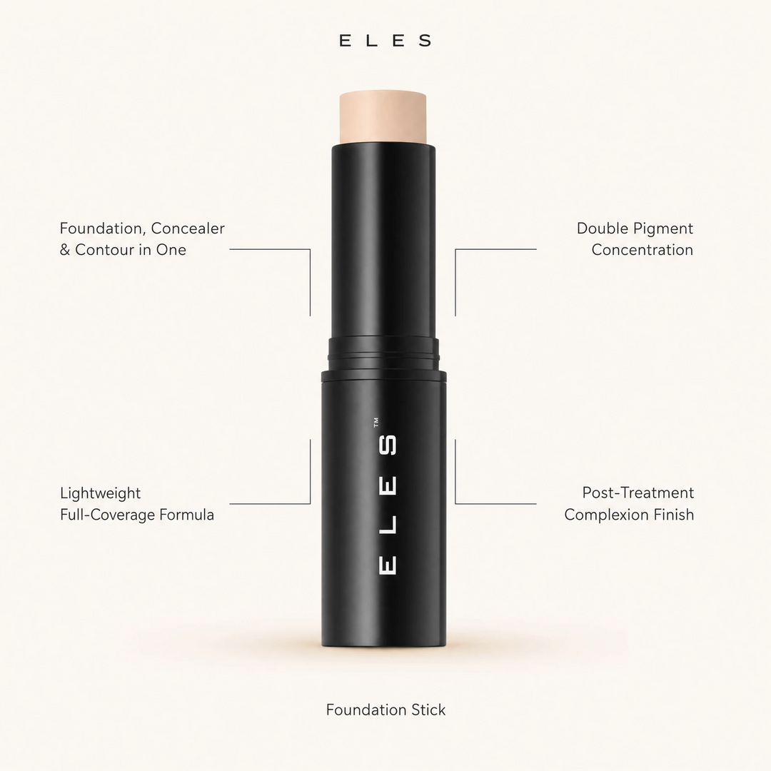ELES Foundation Stick with benefit callouts for foundation concealer and contour in one, double pigment concentration, lightweight full-coverage formula and post-treatment complexion finish.
