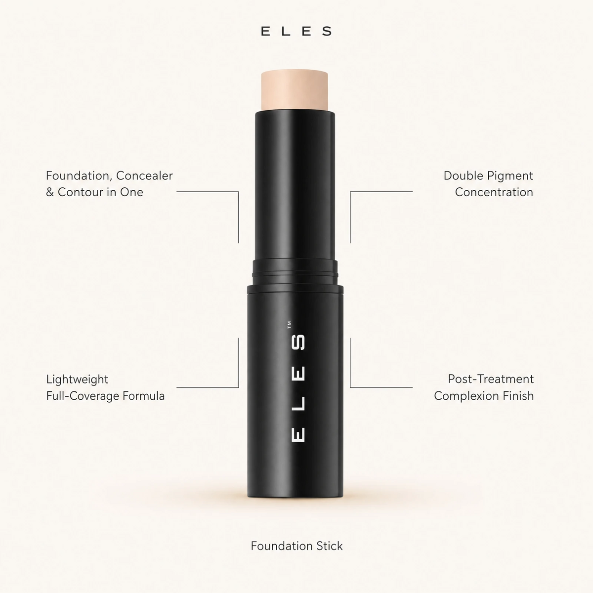 ELES Foundation Stick with benefit callouts for foundation concealer and contour in one, double pigment concentration, lightweight full-coverage formula and post-treatment complexion finish.