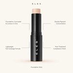 ELES Foundation Stick with benefit callouts for foundation concealer and contour in one, double pigment concentration, lightweight full-coverage formula and post-treatment complexion finish.