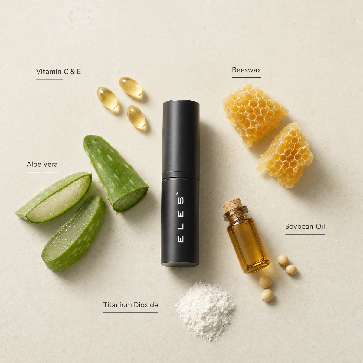 ELES Foundation Stick displayed with key ingredients including vitamin C and E, aloe vera, beeswax, soybean oil and titanium dioxide.