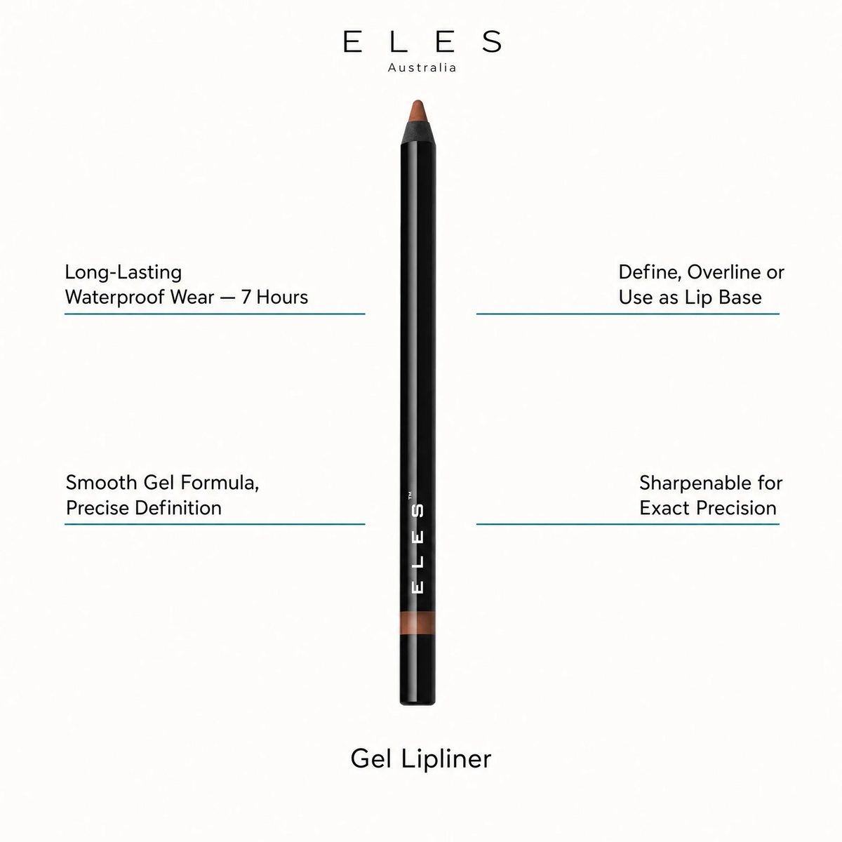 ELES Gel Lipliner benefit callout showing long-lasting waterproof wear up to 7 hours, smooth gel formula for precise definition, define overline or use as lip base, and sharpenable for exact precision for professional salon and clinic use