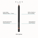 ELES Gel Lipliner benefit callout showing long-lasting waterproof wear up to 7 hours, smooth gel formula for precise definition, define overline or use as lip base, and sharpenable for exact precision for professional salon and clinic use