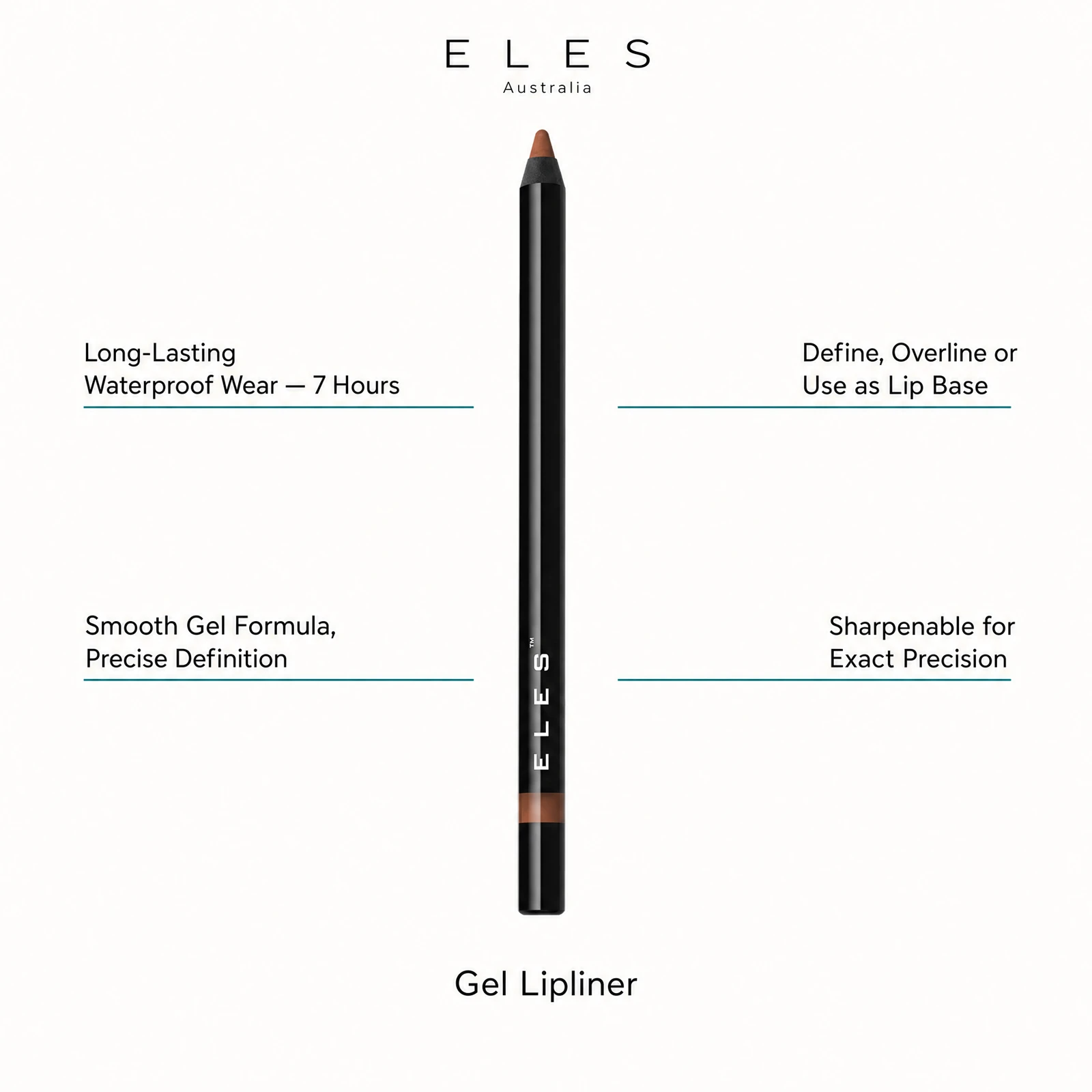 ELES Gel Lipliner benefit callout showing long-lasting waterproof wear up to 7 hours, smooth gel formula for precise definition, define overline or use as lip base, and sharpenable for exact precision for professional salon and clinic use