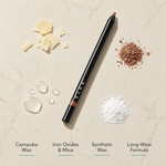 ELES Gel Lipliner ingredient flatlay featuring carnauba wax, iron oxides and mica, synthetic wax and long-wear formula on a warm limestone surface