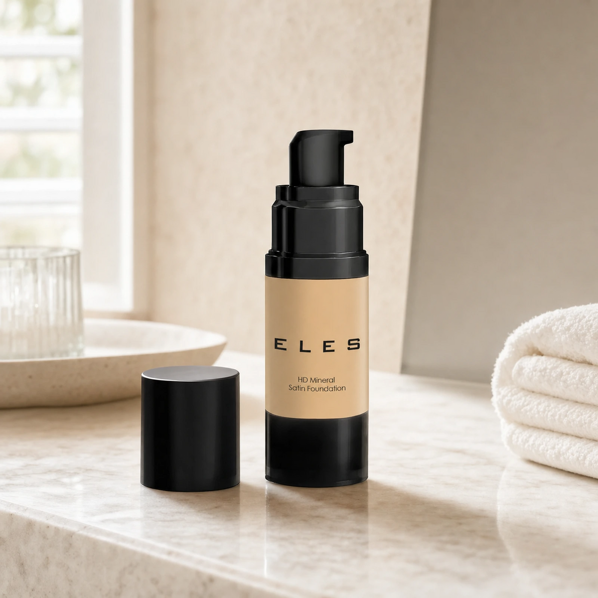 ELES HD Mineral Satin Foundation 30ml displayed on a clean luxury bathroom vanity for a polished everyday makeup routine.