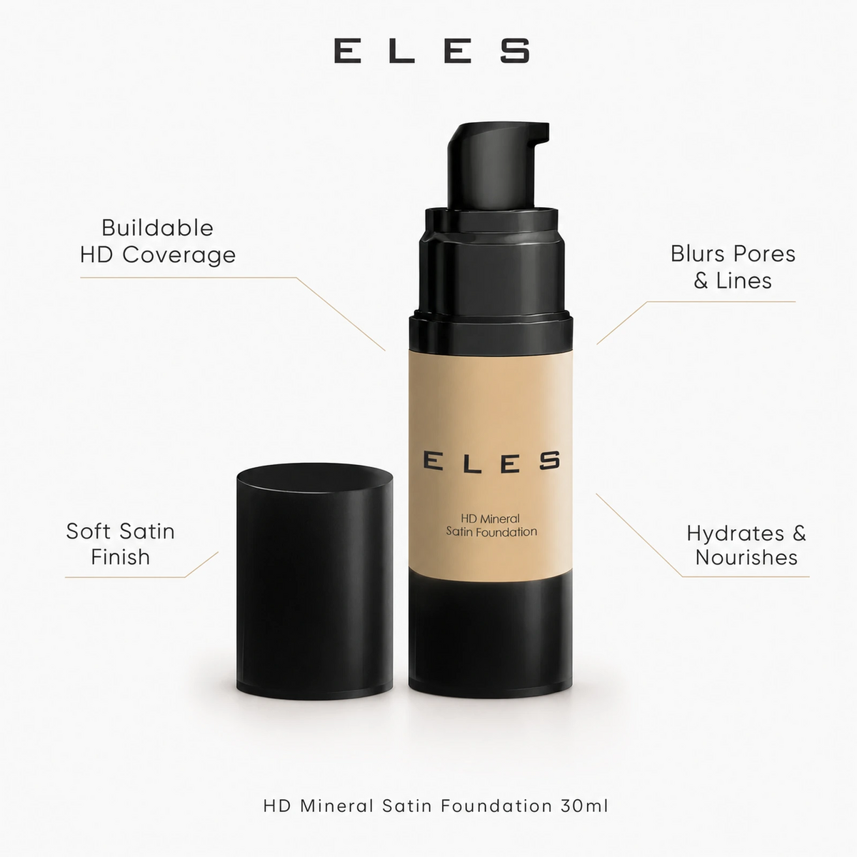 ELES HD Mineral Satin Foundation 30ml with four benefits including buildable HD coverage, a soft satin finish, pore-blurring and hydration.