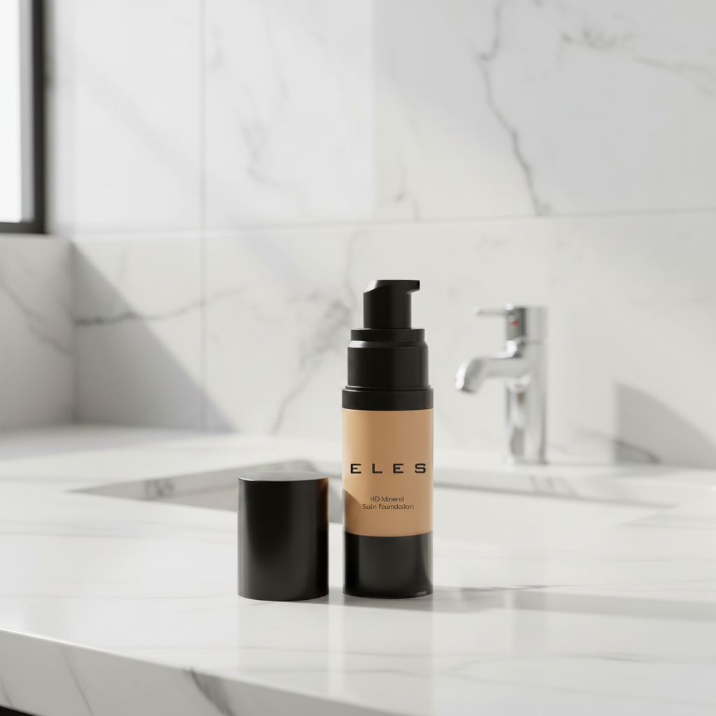 ELES HD Mineral Satin Foundation in luxury bathroom vanity setting with natural satin skin finish.