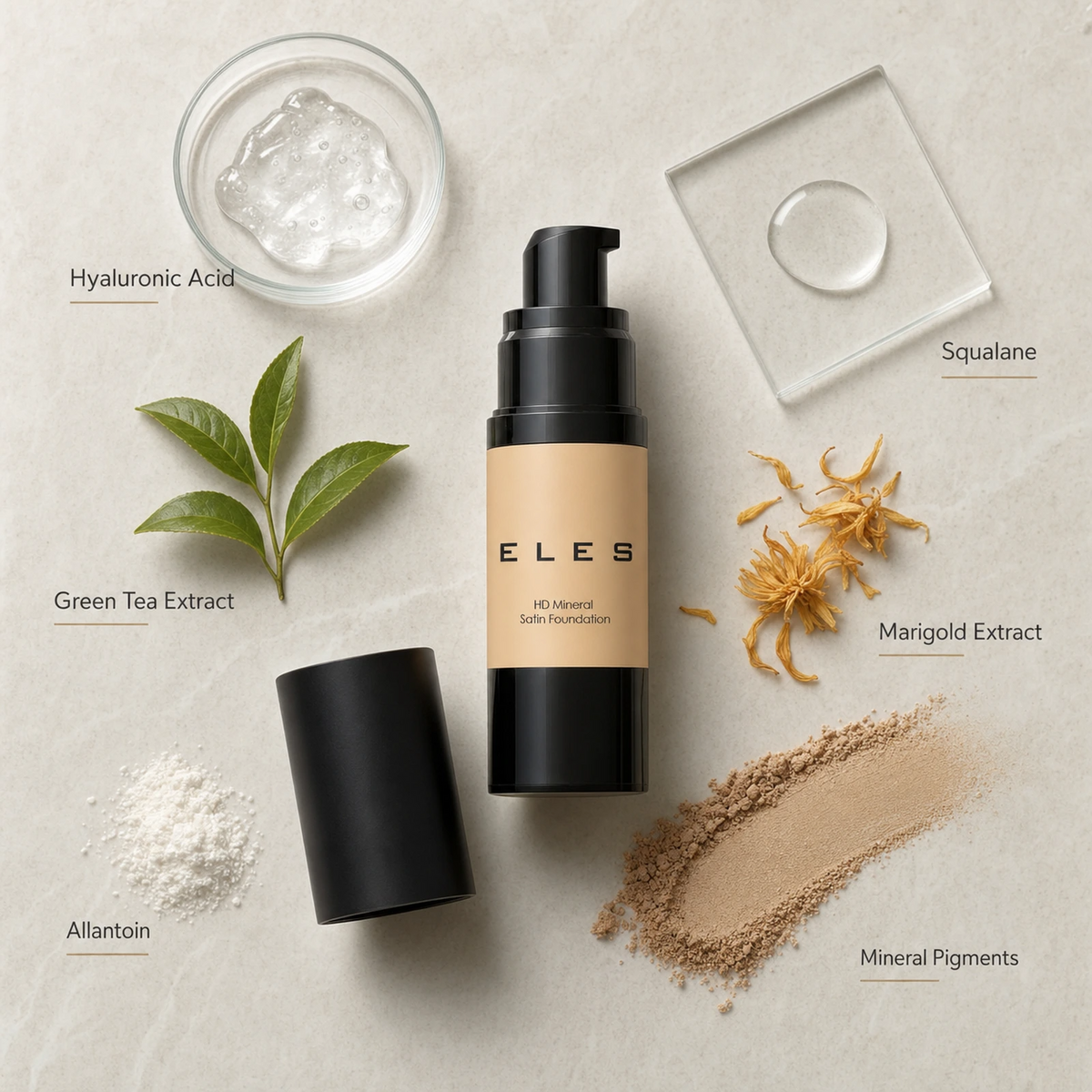 ELES HD Mineral Satin Foundation 30ml shown with hyaluronic acid, squalane, green tea extract, marigold, allantoin and mineral pigments.