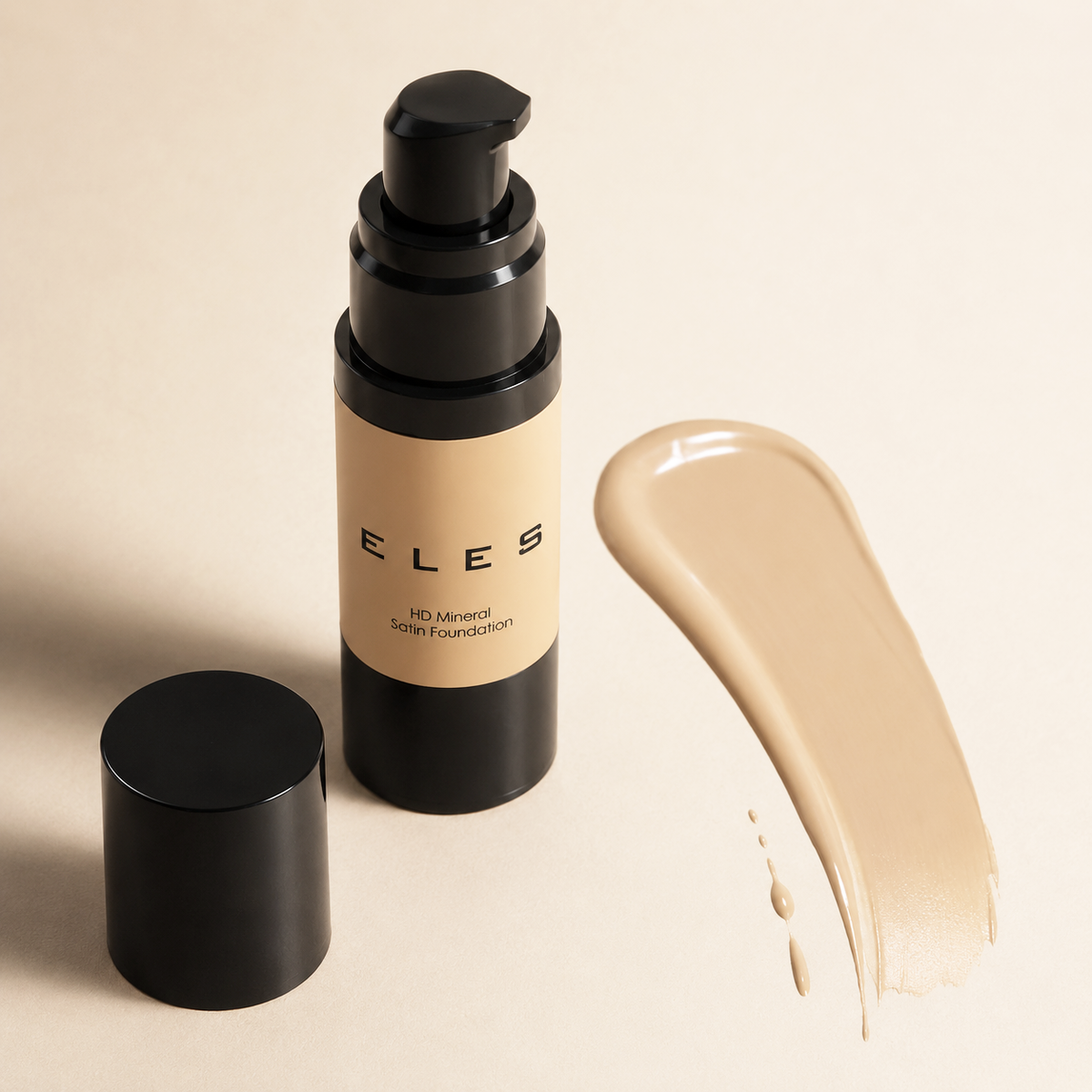 ELES HD Mineral Satin Foundation 30ml Fair on a beige background