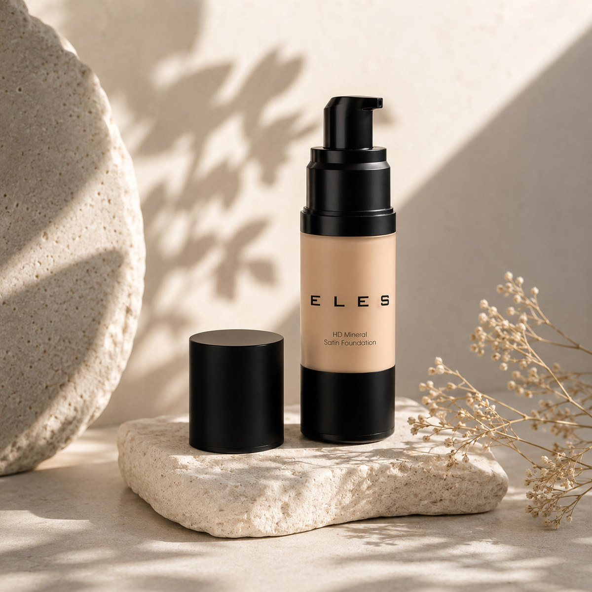 ELES HD Mineral Satin Foundation displayed on natural stone with soft sunlight and botanical shadows, lightweight mineral liquid foundation with a smooth satin finish for a flawless natural complexion.