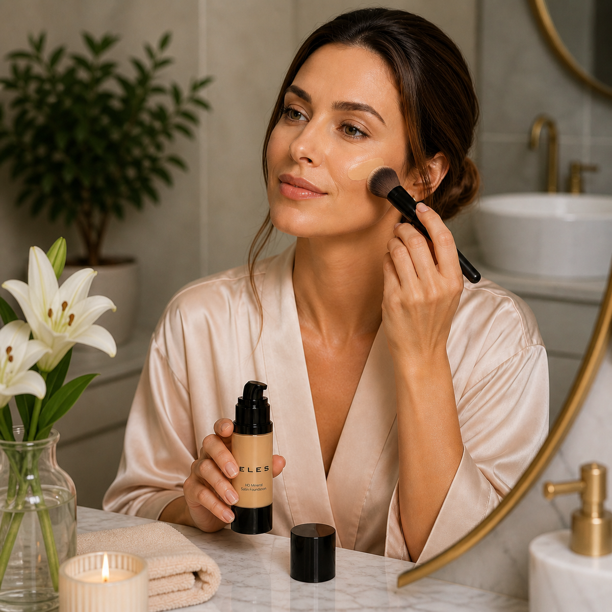 Woman applying ELES HD Mineral Satin Foundation in luxury bathroom vanity setting with natural satin skin finish.