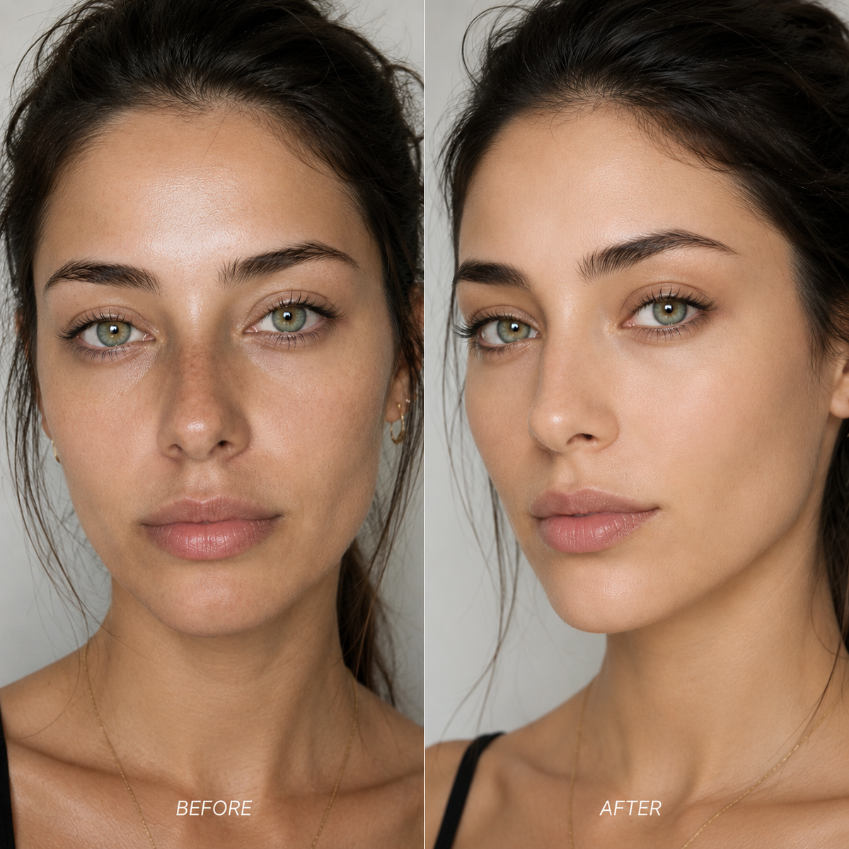 Before and After using ELES HD Mineral Satin Foundation