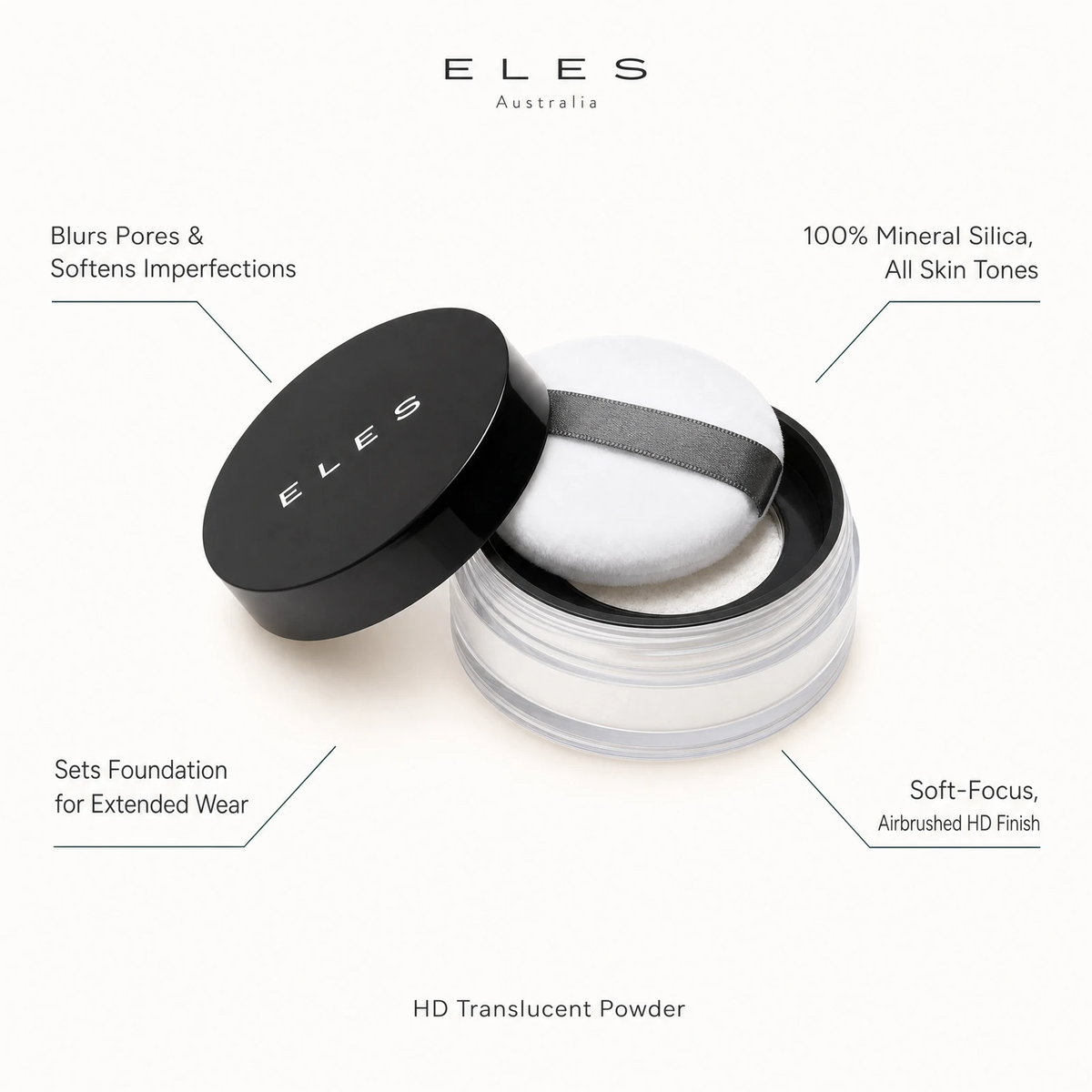 ELES HD Translucent Powder benefit callout showing blurs pores and softens imperfections, sets foundation for extended wear, 100% mineral silica for all skin tones, and soft-focus airbrushed HD finish for professional salon and clinic use