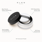 ELES HD Translucent Powder benefit callout showing blurs pores and softens imperfections, sets foundation for extended wear, 100% mineral silica for all skin tones, and soft-focus airbrushed HD finish for professional salon and clinic use