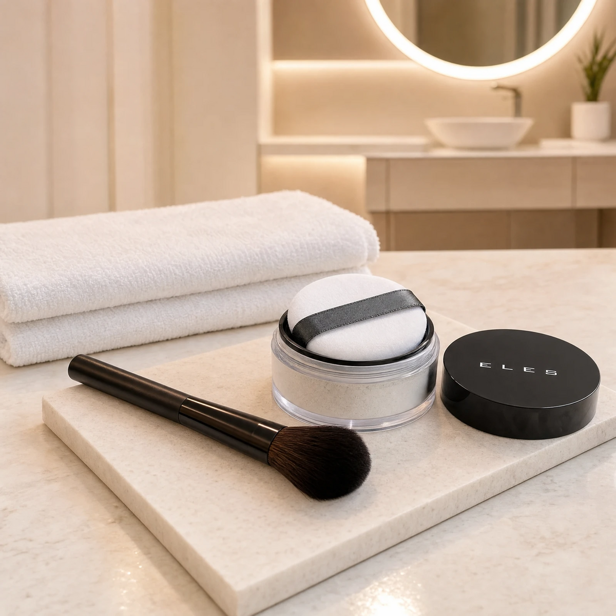 ELES HD Translucent Powder open jar with lid and fluffy powder brush on a stone tray on a marble clinic bench inside a premium skin clinic treatment room, ideal for professional makeup setting and finishing after facial treatments