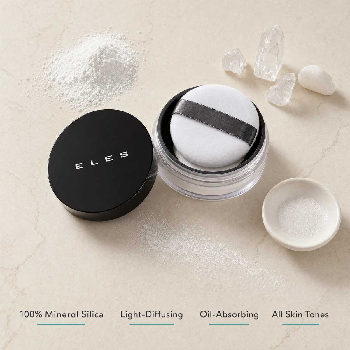 ELES HD Translucent Powder ingredient flatlay featuring 100% mineral silica powder with quartz crystals and a ceramic dish showing light-diffusing oil-absorbing properties on a warm limestone surface