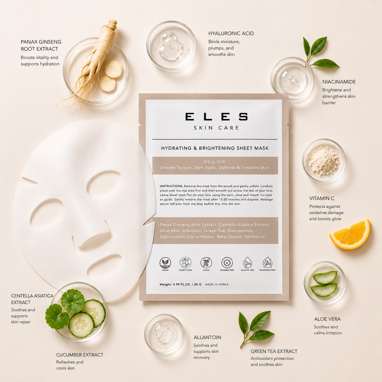 ELES Hydrating & Brightening Sheet Mask with panax ginseng root extract, hyaluronic acid, niacinamide, vitamin C, aloe vera, centella asiatica and cucumber extract, luxury clean skincare flat lay with hydrating serum textures on minimal warm neutral background