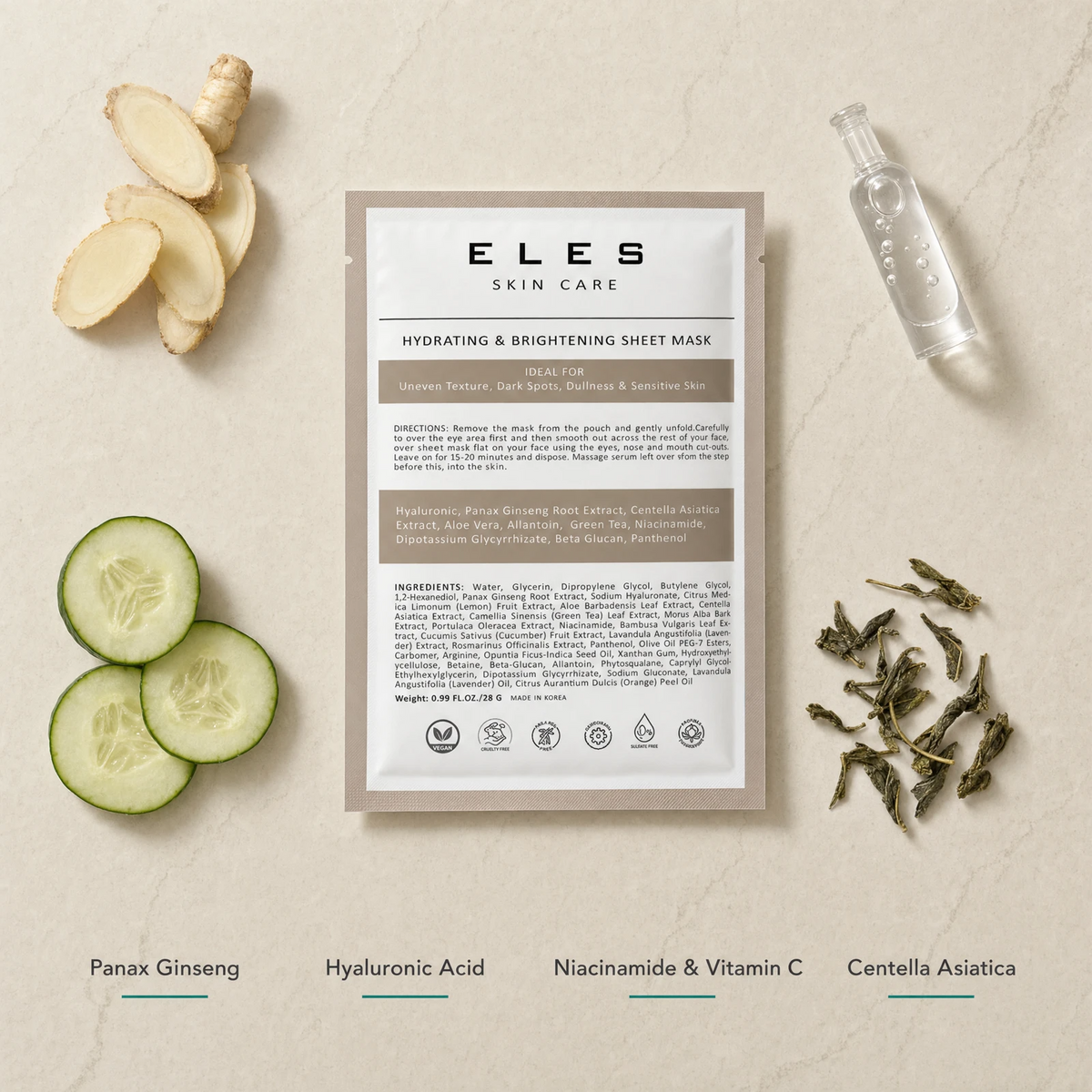 ELES Hydrating and Brightening Sheet Mask ingredient flatlay featuring Panax ginseng, hyaluronic acid, niacinamide and vitamin C, and centella asiatica with fresh ginseng root, cucumber slices and green tea on a warm limestone surface