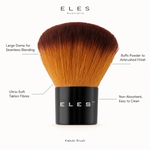 ELES Kabuki Brush benefit callout showing large dome for seamless blending, ultra-soft taklon fibres, buffs powder to airbrushed finish, and non-absorbent easy to clean bristles.