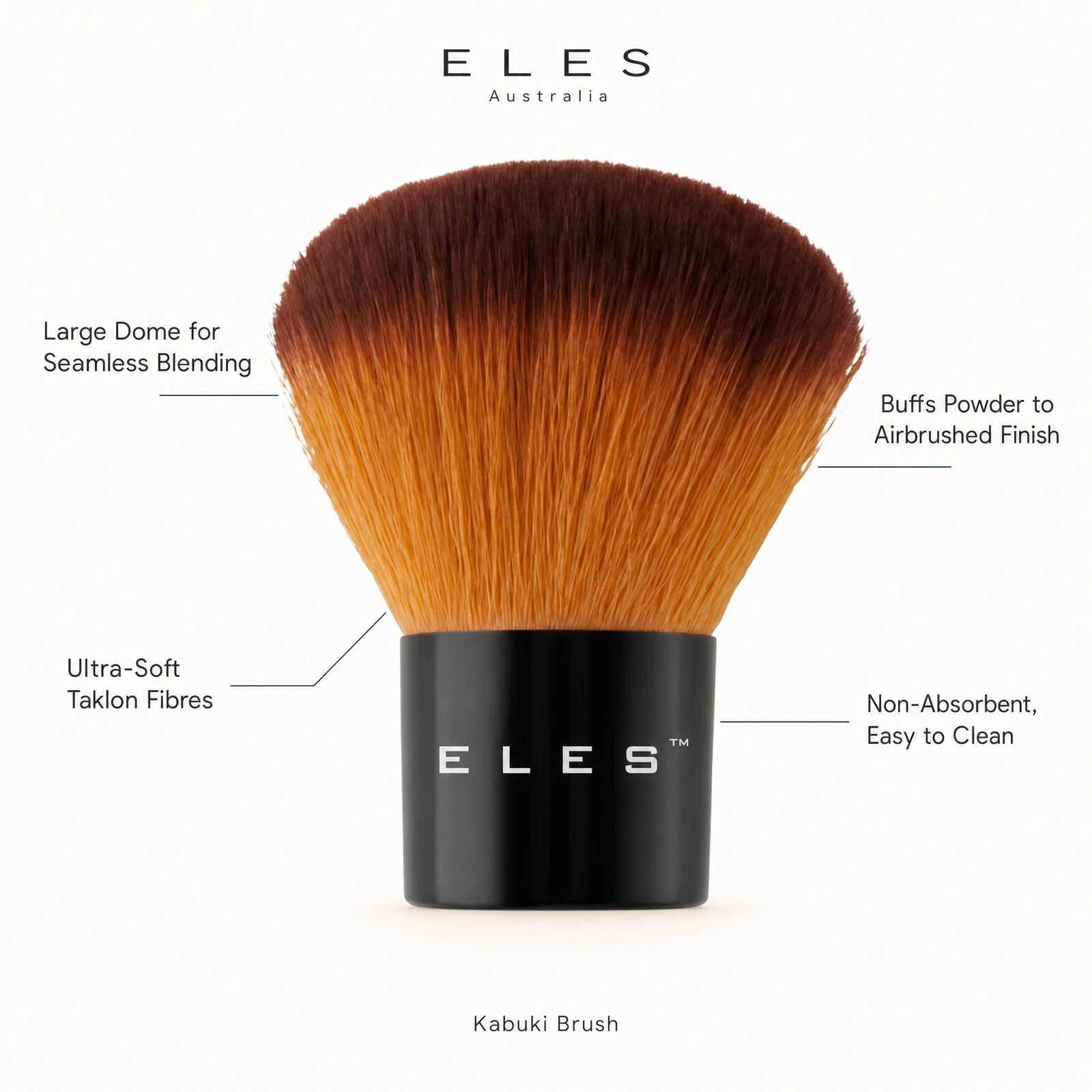 ELES Kabuki Brush benefit callout showing large dome for seamless blending, ultra-soft taklon fibres, buffs powder to airbrushed finish, and non-absorbent easy to clean bristles.