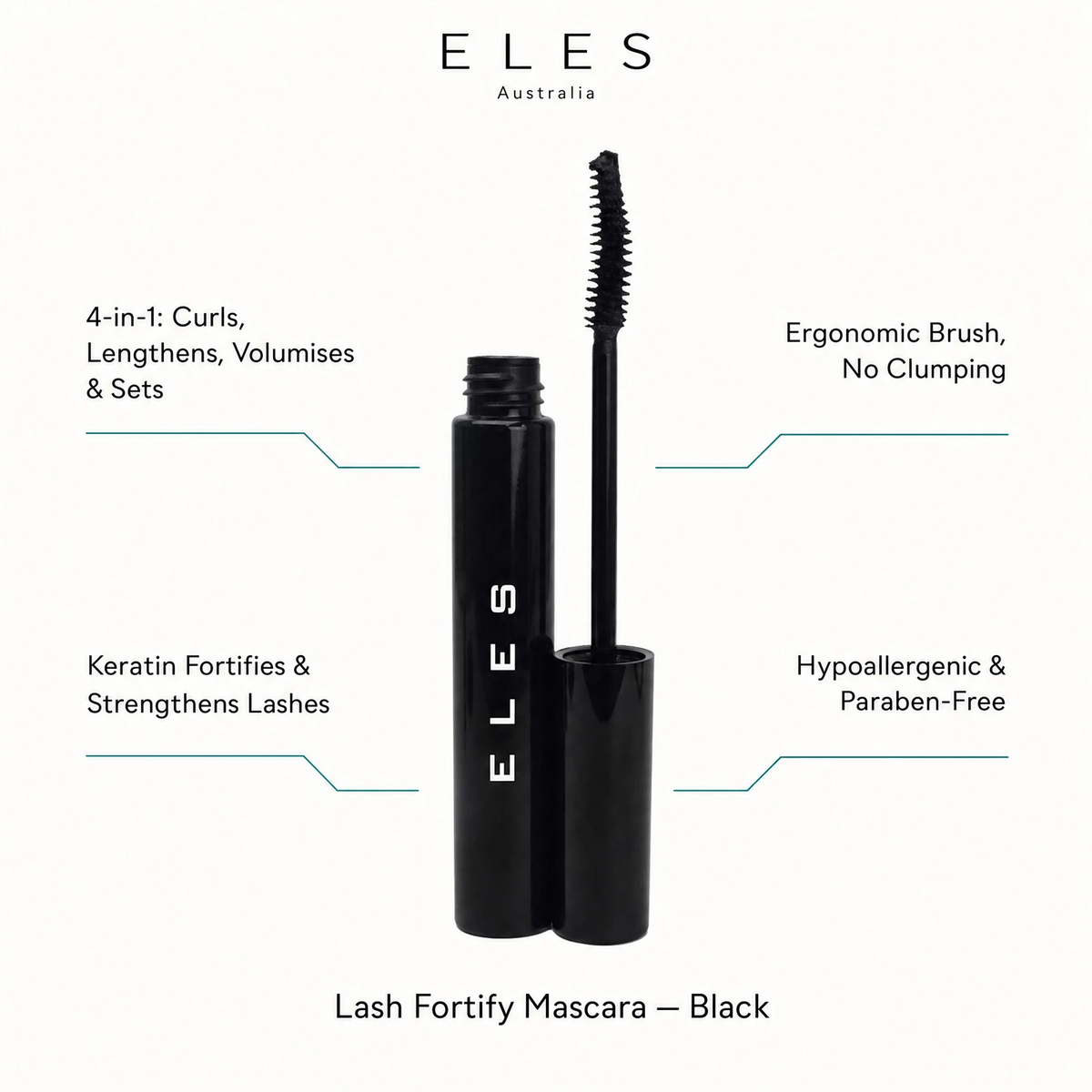 ELES Lash Fortify Mascara Black benefit callout showing 4-in-1 curls lengthens volumises and sets, keratin fortifies and strengthens lashes, ergonomic brush no clumping, and hypoallergenic paraben-free formula for professional salon and clinic use