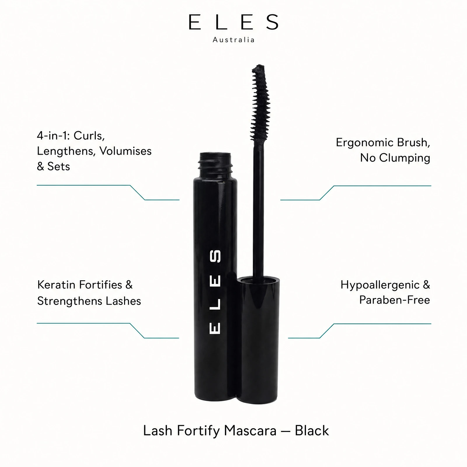 ELES Lash Fortify Mascara Black benefit callout showing 4-in-1 curls lengthens volumises and sets, keratin fortifies and strengthens lashes, ergonomic brush no clumping, and hypoallergenic paraben-free formula for professional salon and clinic use