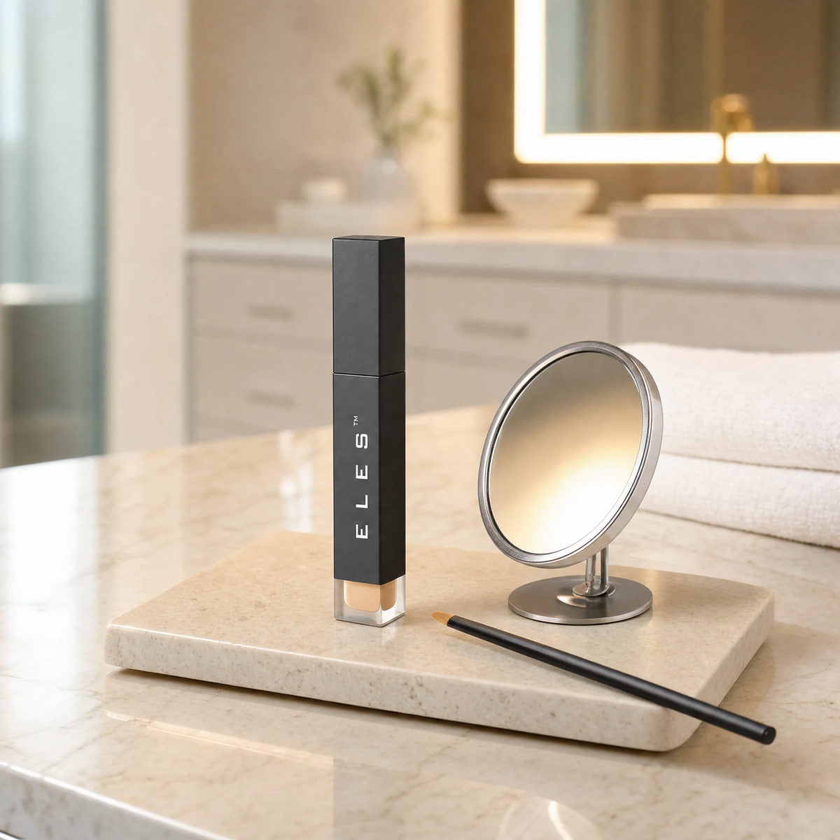 ELES Liquid Concealer standing upright on a stone tray with a concealer brush and round mirror on a marble clinic bench inside a premium skin clinic treatment room, ideal for professional post-facial concealer and eye correction