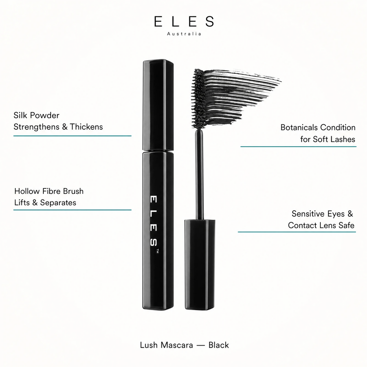 ELES Lush Mascara Black benefit callout showing silk powder strengthens and thickens, hollow fibre brush lifts and separates, botanicals condition for soft lashes, and sensitive eyes and contact lens safe for professional salon and clinic use