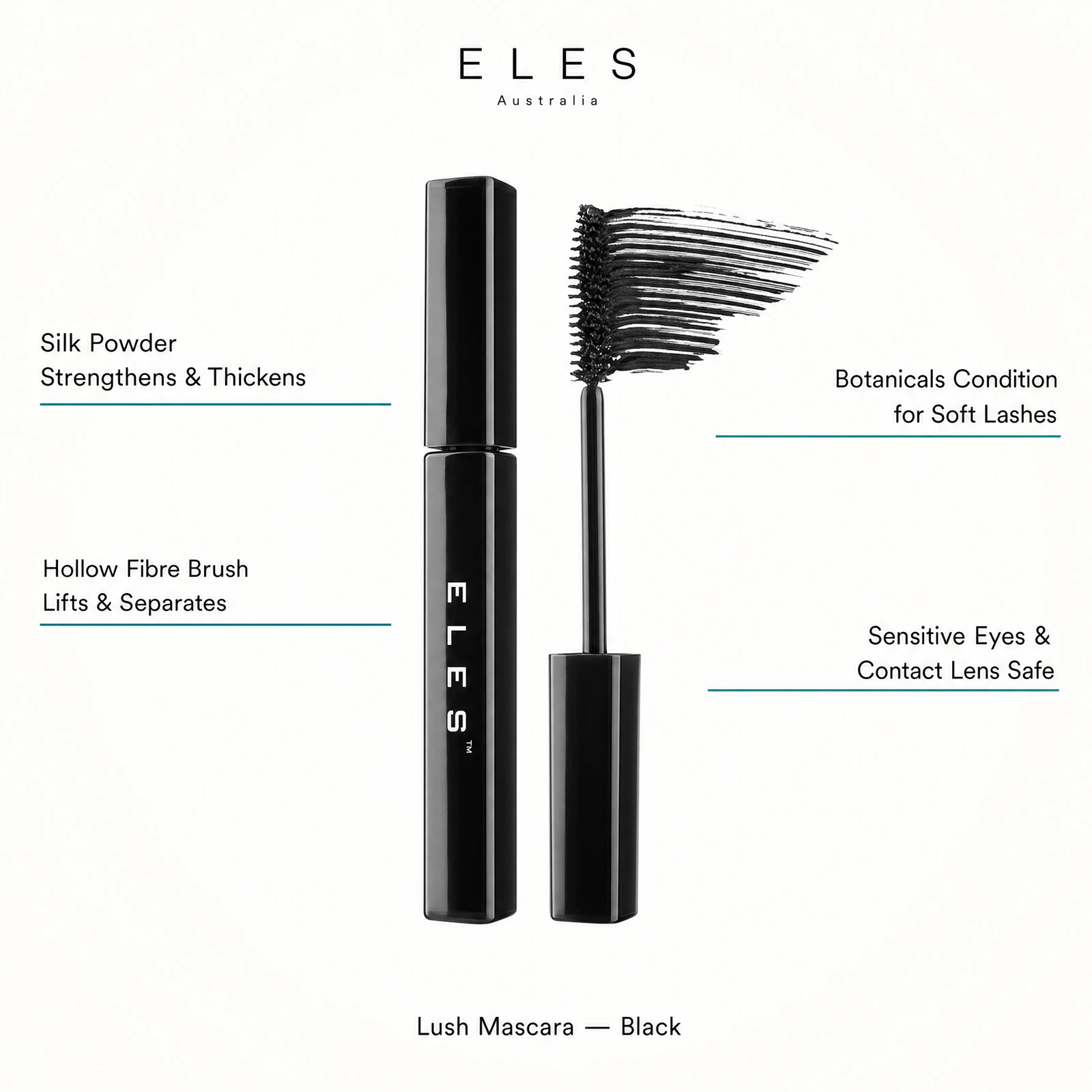 ELES Lush Mascara Black benefit callout showing silk powder strengthens and thickens, hollow fibre brush lifts and separates, botanicals condition for soft lashes, and sensitive eyes and contact lens safe for professional salon and clinic use