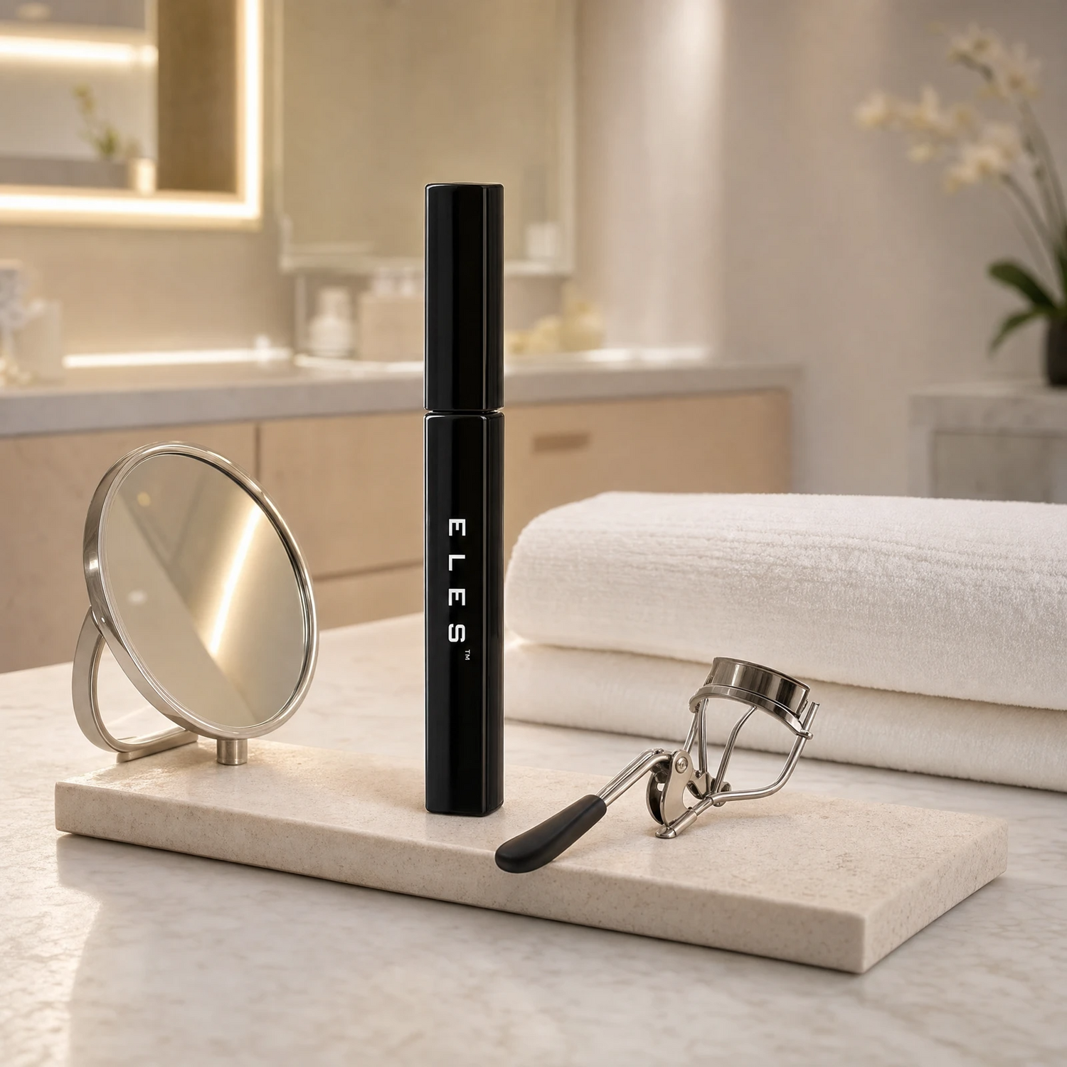 ELES Lush Mascara Black square-profile tube standing upright on a stone tray with a lash curler and round mirror on a marble clinic bench inside a premium skin clinic treatment room, ideal for professional lash finishing after facial treatments
