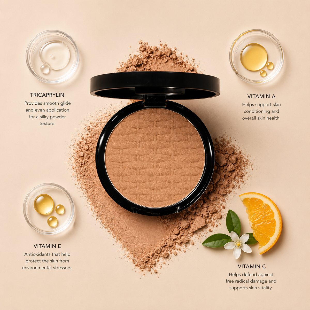 ELES Mineral Bronzer Rio De Janeiro with tricaprylin, vitamin A, vitamin E and vitamin C, luxury clean mineral makeup flat lay with soft bronzing powder textures on minimal warm nude background