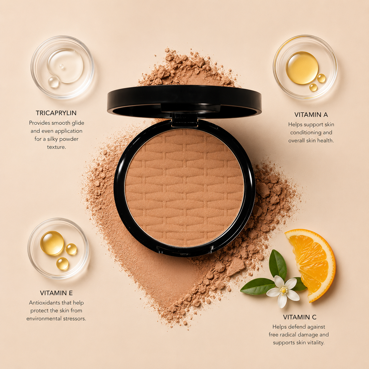 ELES Mineral Bronzer Rio De Janeiro with tricaprylin, vitamin A, vitamin E and vitamin C, luxury clean mineral makeup flat lay with soft bronzing powder textures on minimal warm nude background