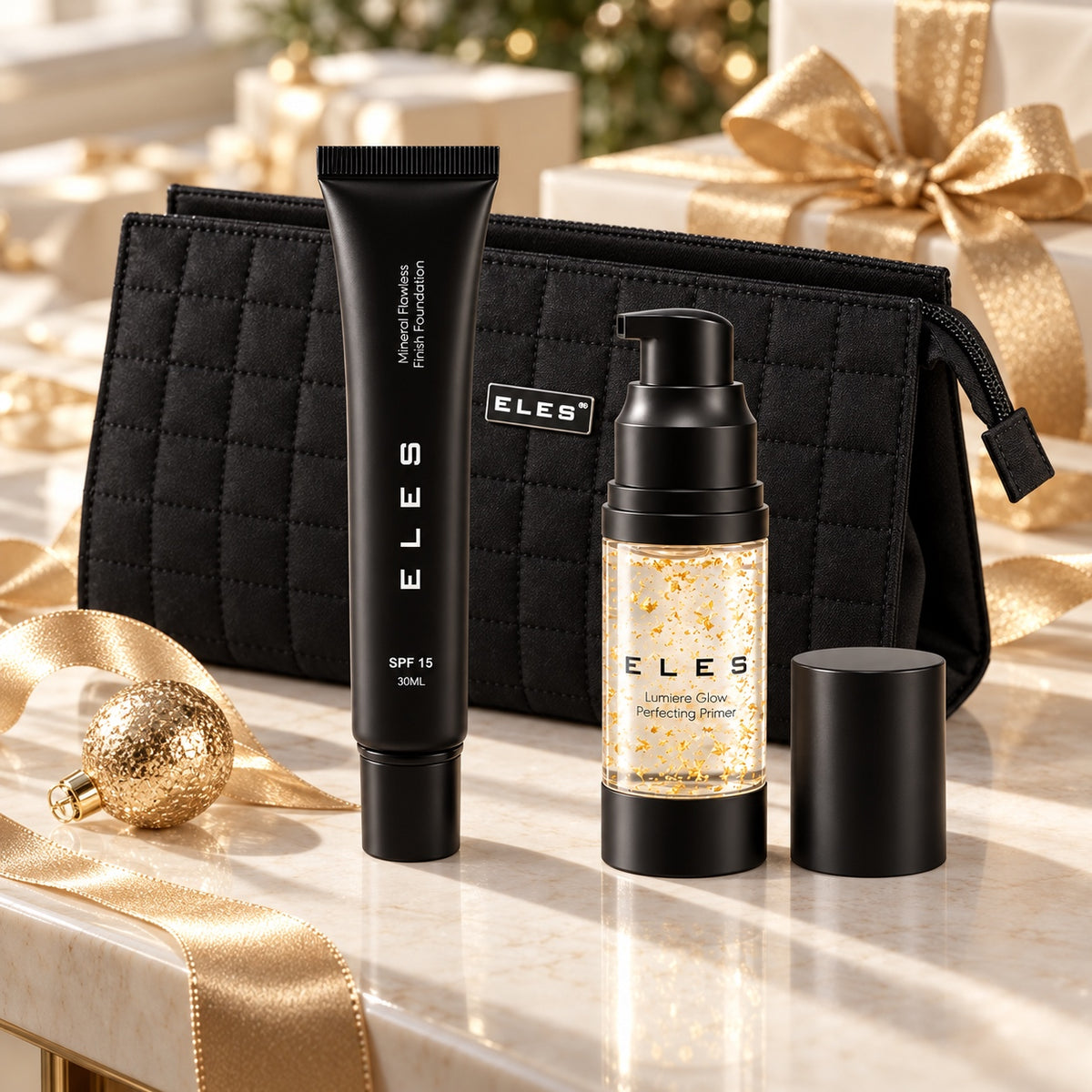 ELES Mineral Flawless Finish Foundation & Lumiere Glow Primer Christmas Gift Set on a festive gift table. File: eles-mineral-flawless-finish-foundation-and-lumiere-glow-primer-christmas-gift-set-christmas-gift-table-2026.jpg