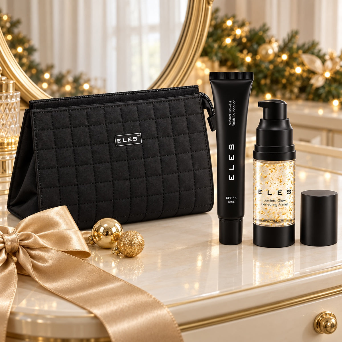 ELES Mineral Flawless Finish Foundation & Lumiere Glow Primer Christmas Gift Set displayed on a festive vanity. File: eles-mineral-flawless-finish-foundation-and-lumiere-glow-primer-christmas-gift-set-christmas-vanity-2026.jpg