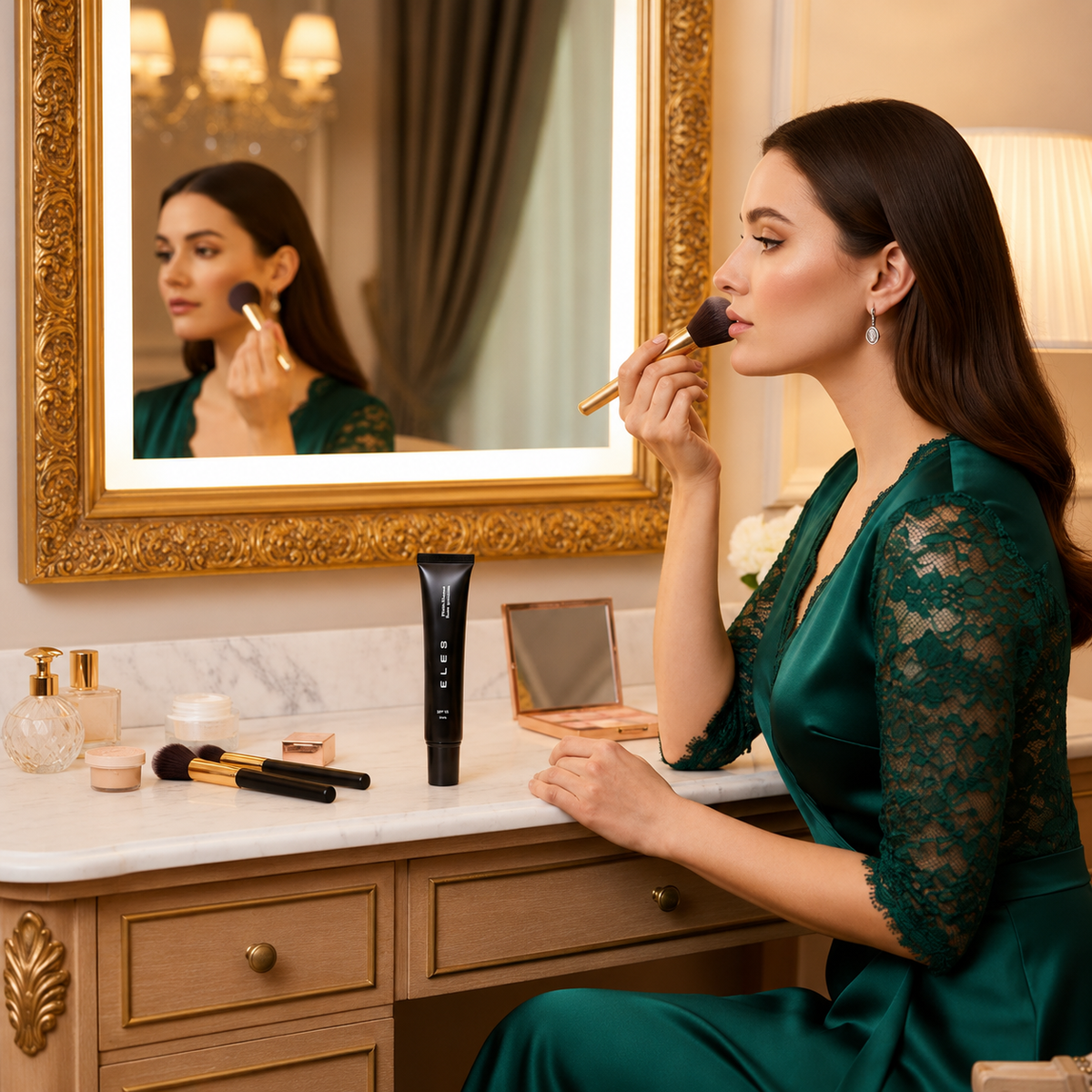 Woman applying ELES Mineral Flawless Finish Foundation at a luxury vanity for a smooth, polished complexion finish.