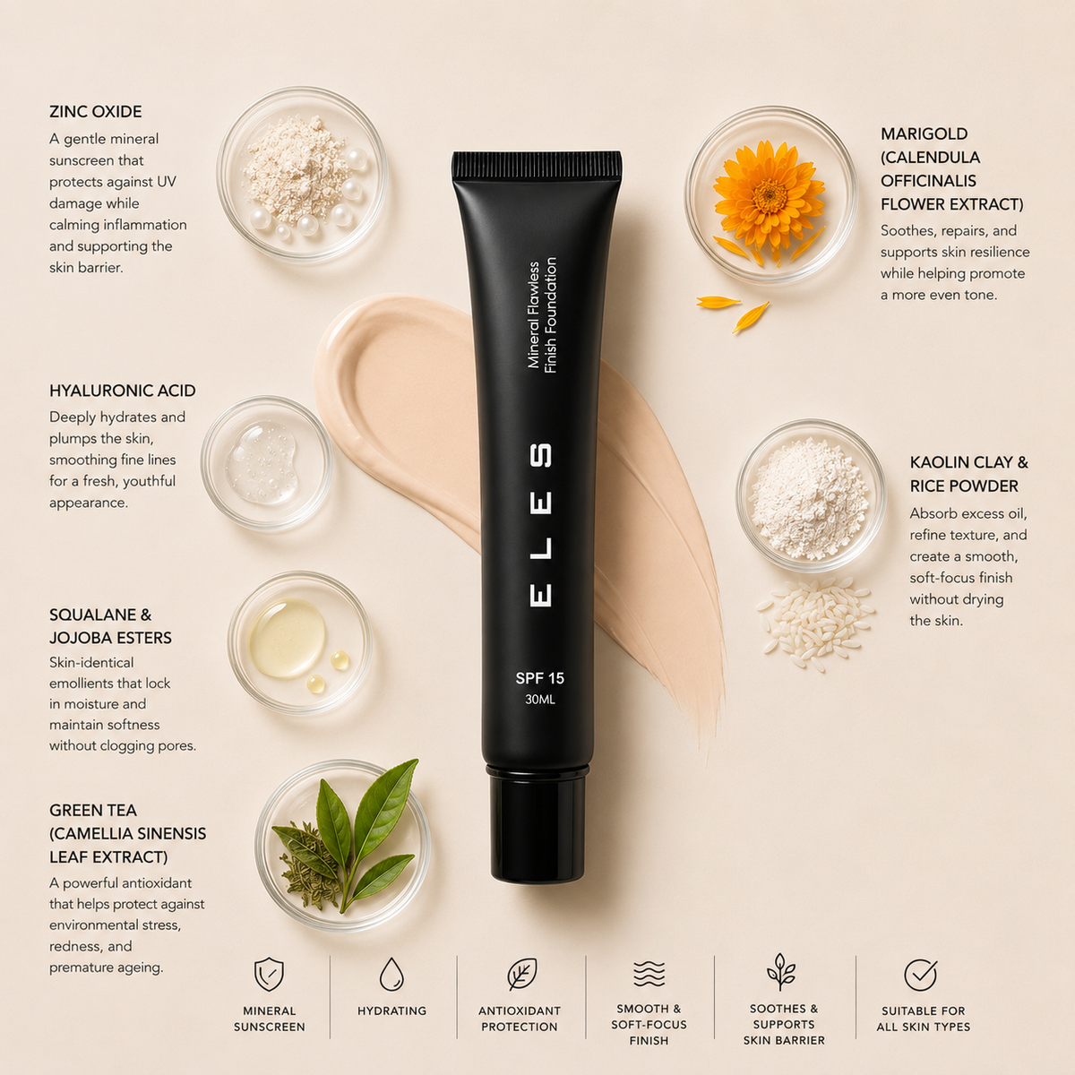 ELES Mineral Flawless Finish Foundation Pearl with zinc oxide, hyaluronic acid, squalane, jojoba esters, green tea extract, marigold extract, kaolin clay and rice powder, luxury clean makeup flat lay with soft cream foundation textures on minimal warm neutral background
