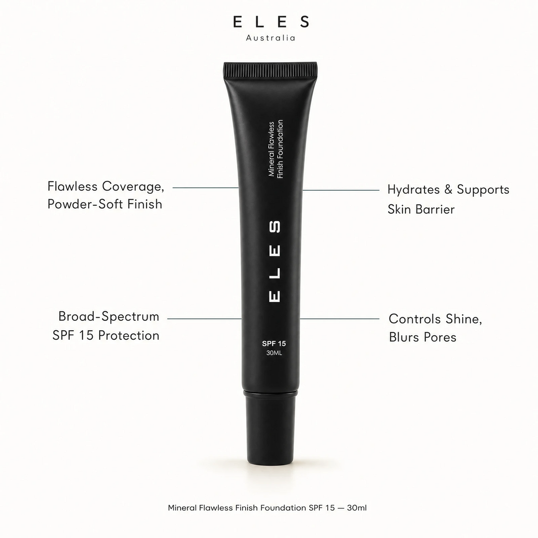 ELES Mineral Flawless Finish Foundation SPF 15 30ml benefit callout showing flawless coverage, SPF 15 protection, hydration and shine control for professional clinic and salon use