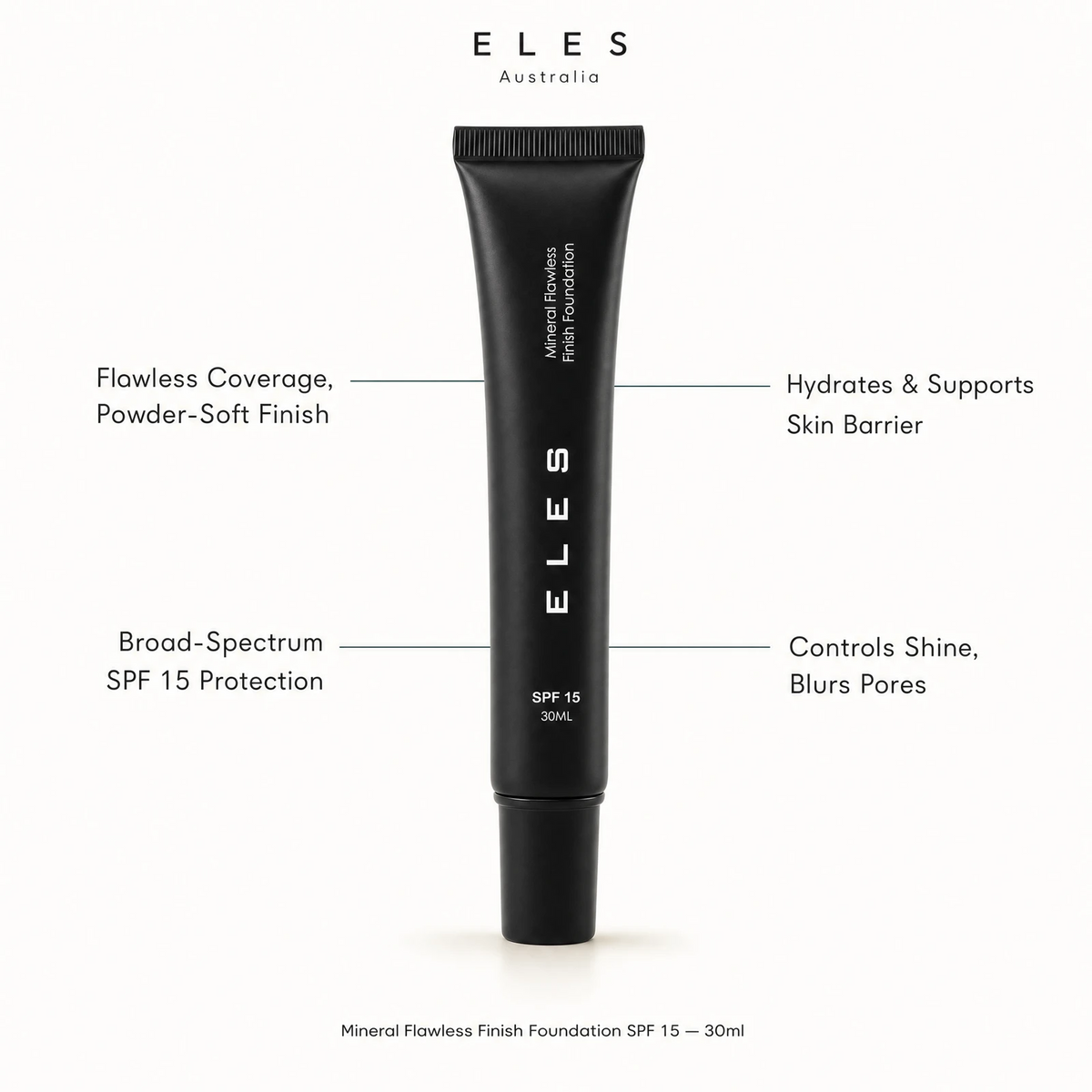 ELES Mineral Flawless Finish Foundation SPF 15 30ml benefit callout showing flawless coverage, SPF 15 protection, hydration and shine control for professional clinic and salon use
