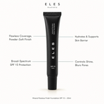 ELES Mineral Flawless Finish Foundation SPF 15 30ml benefit callout showing flawless coverage, SPF 15 protection, hydration and shine control for professional clinic and salon use